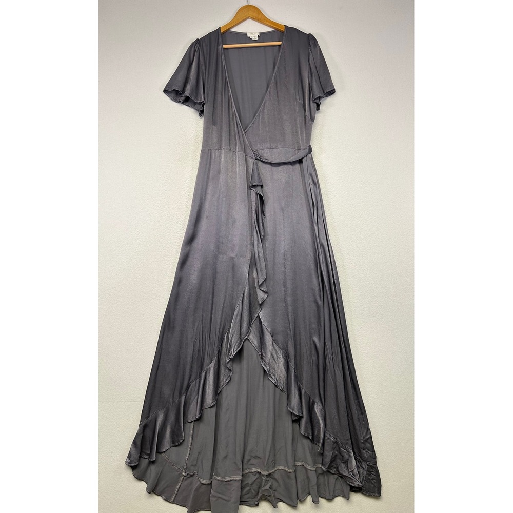 Ghost London Ruffle High-Low Wrap Dress Womens M Gray Excellent Formal Satin